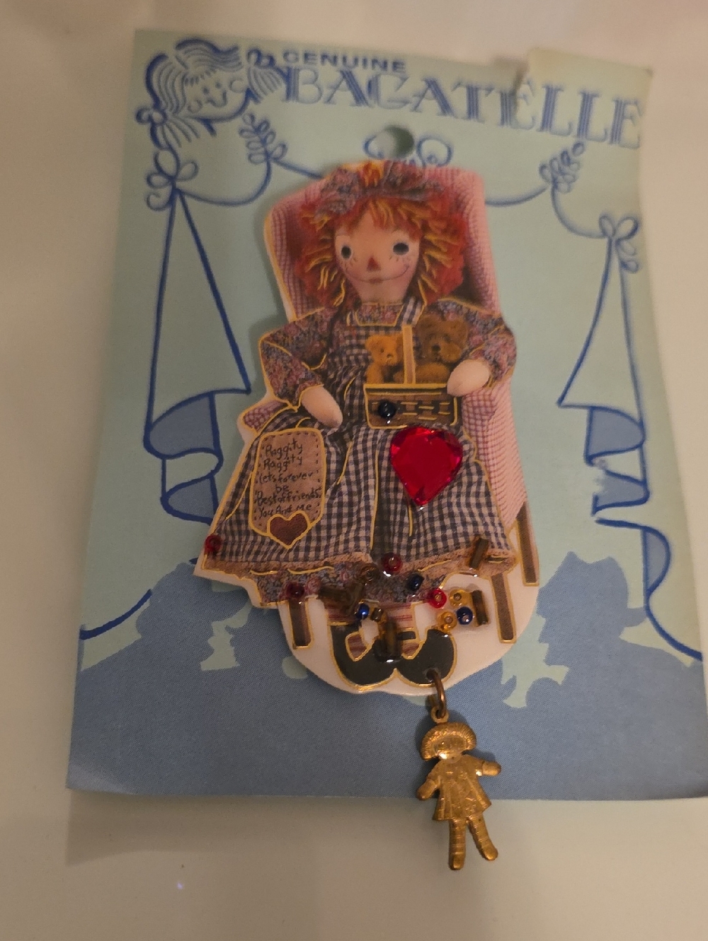 Vintage Bagatelle Rag Doll Brooch with Pink Heart
